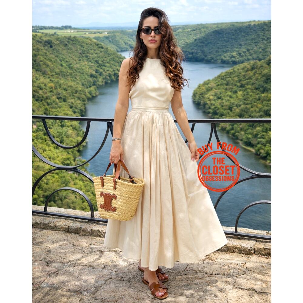 Zara NWT Cream Textured Cotton High Waist Pleated Full Midi Skirt M L - Picture 2 of 16